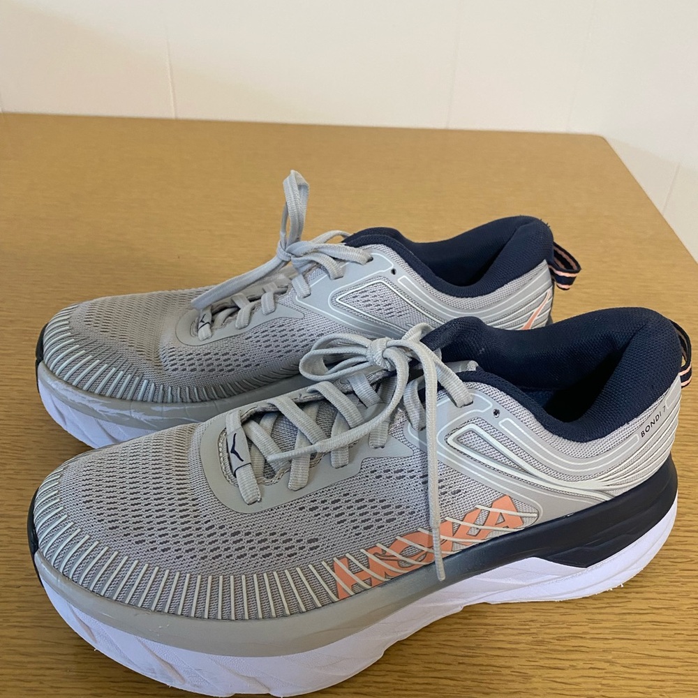 HOKA- Women’s White and Dark Blue bond 7 size 8